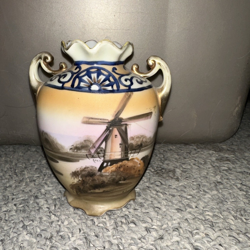 Nippon M-in-Wreath 5 3/8" Vase Amphora Shape 2 Gold Handles HandPainted Windmill